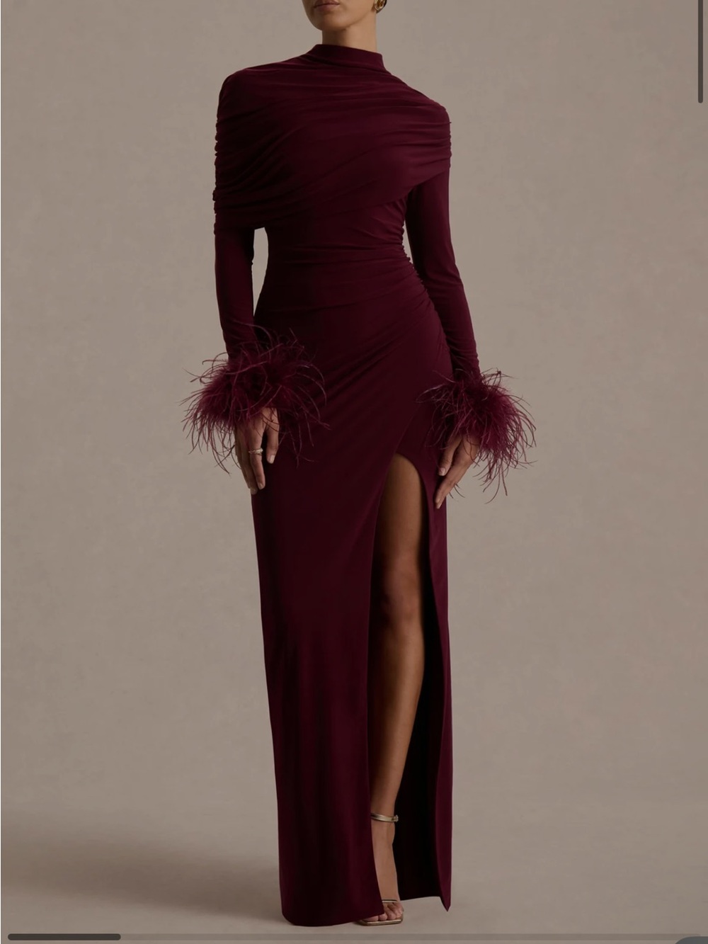 NWT Club L London GATSBY Burgundy High Neck Maxi Dress Feather Trim Cuffs Size10